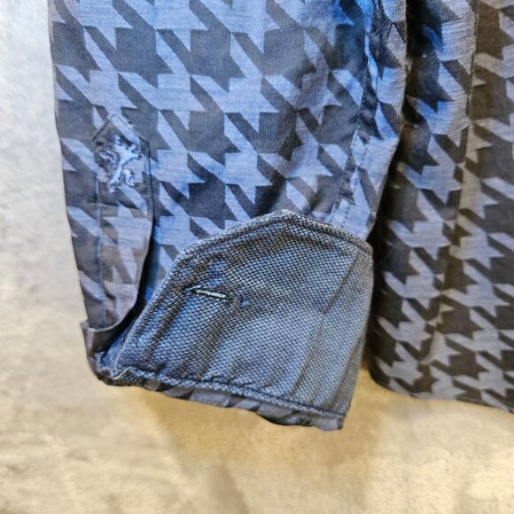 BUGATCHI dress shirt Mens L chest 44 geometric blue black shaped fit flip cuff - Picture 6 of 16